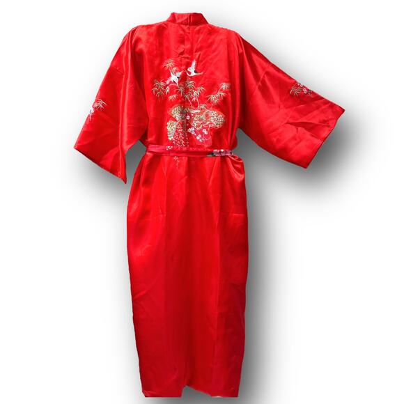 Vintage Red Satin Kimono Robe Embroidered Cranes Fans Floral Belted Long Gown - Picture 2 of 14